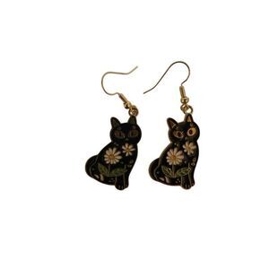 Black Cat & Daisy Enamel Earrings